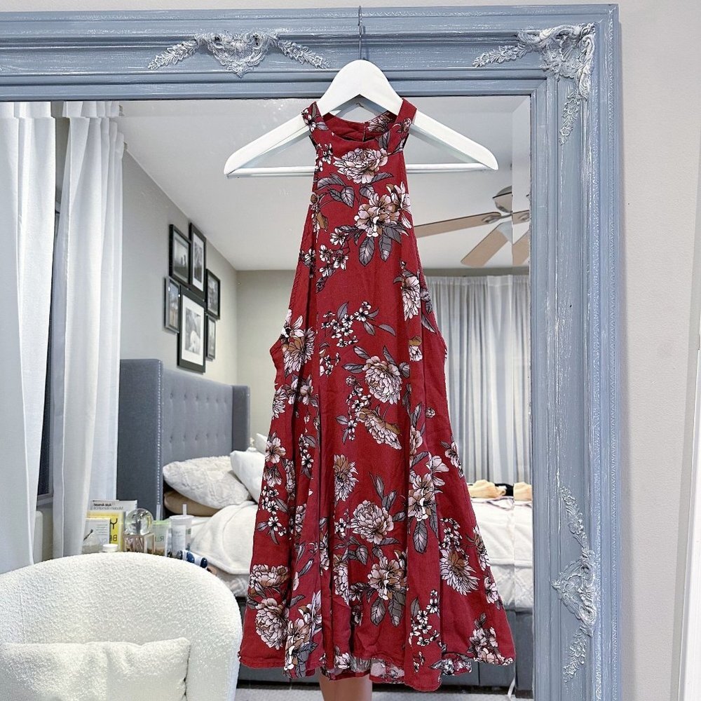 Audrey 3+1 Halter Mini Dress‎ Floral Maroon Pattern High Neck Fit n' Flare M